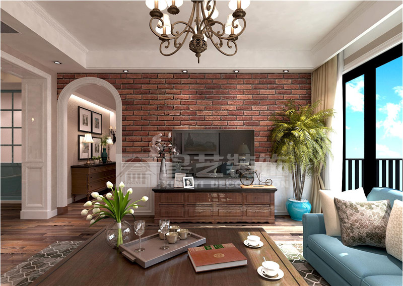 山水方園150平美式鄉(xiāng)村客廳裝修設(shè)計(jì)效果圖