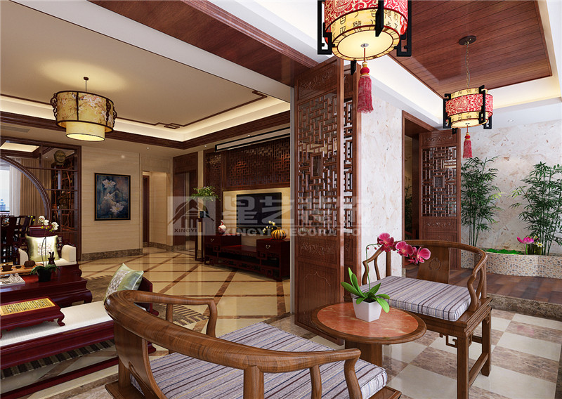 盛天東郡 211平中式風(fēng)格陽臺裝修效果圖