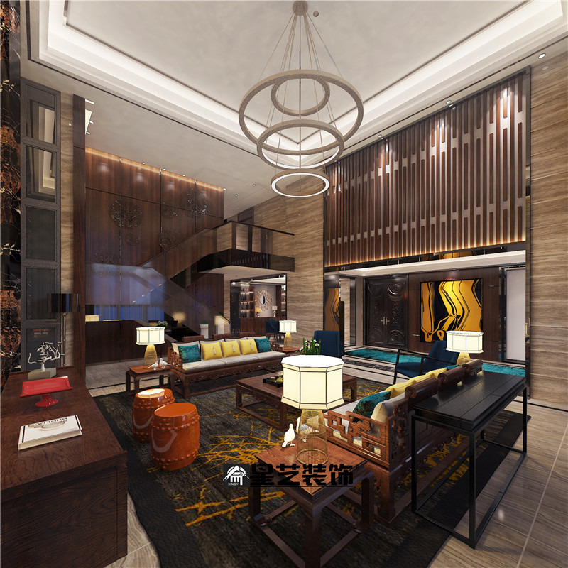 華凱逸悅豪庭400平新中式客廳裝修效果圖