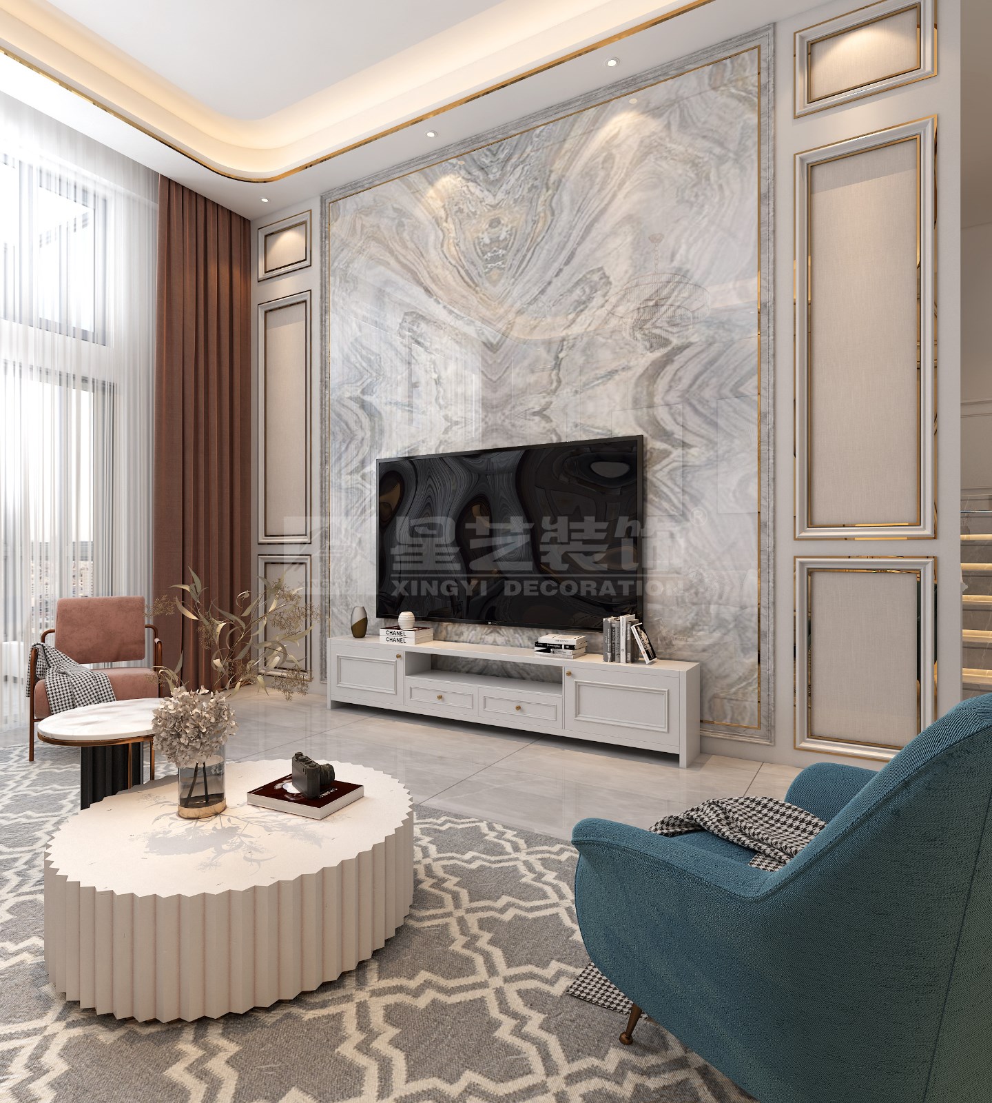 安吉山語(yǔ)城156平復(fù)式客廳裝修效果圖