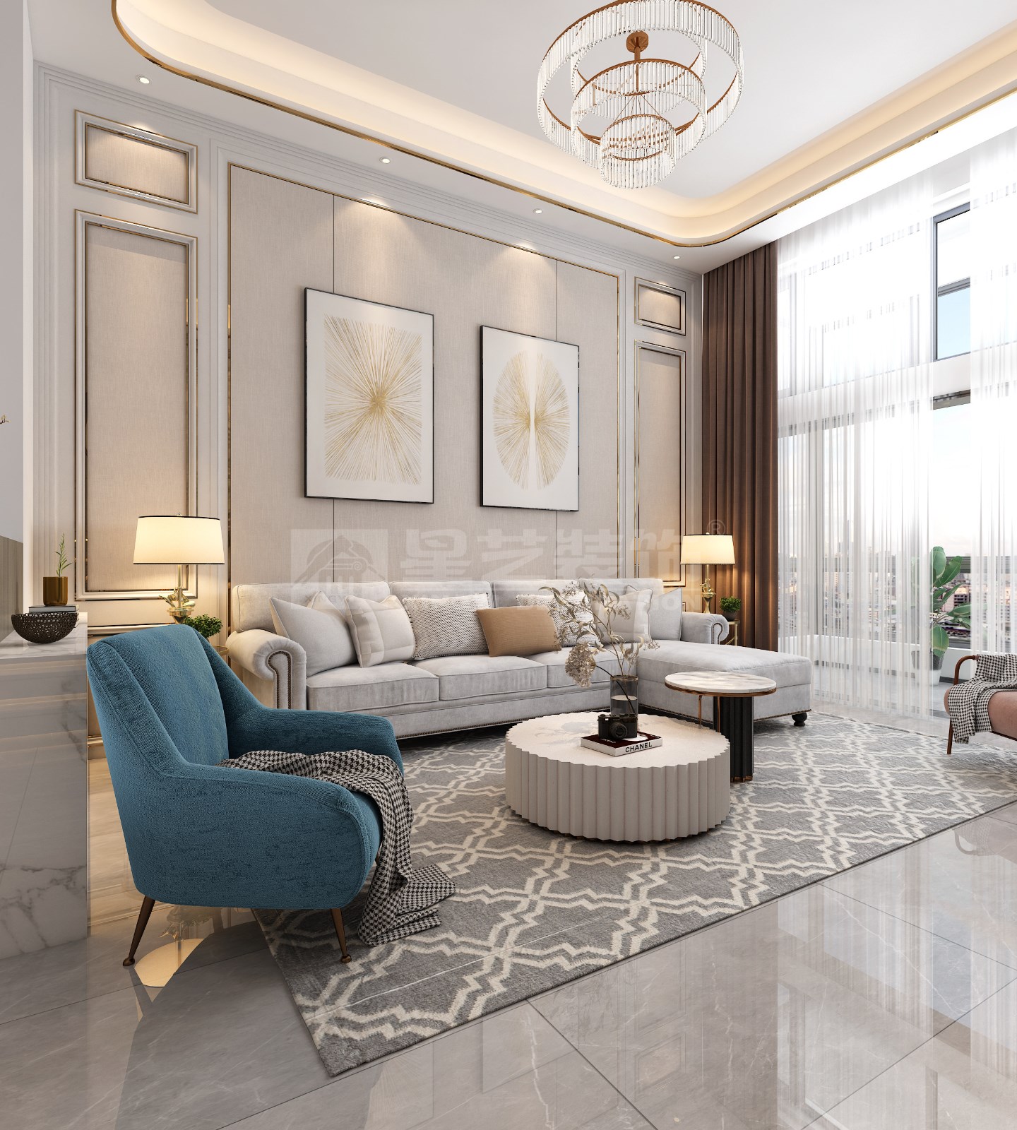 安吉山語(yǔ)城156平復(fù)式客廳裝修效果圖